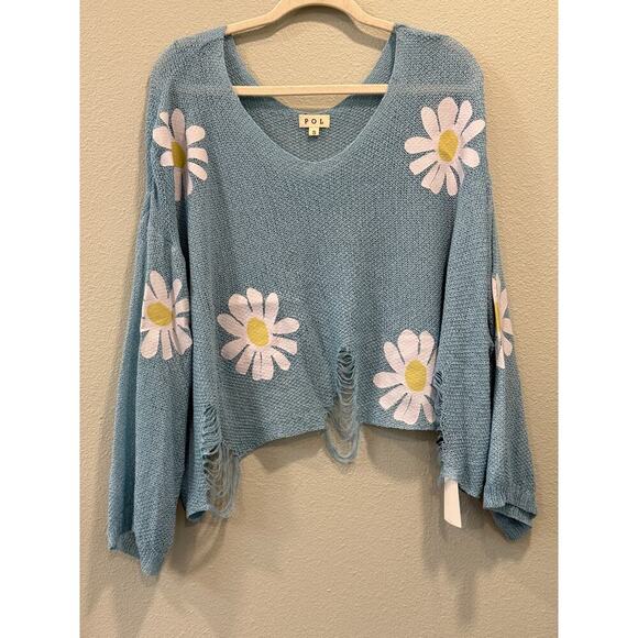 POL Sweaters - POL Distressed Daisy Flower V-Neck
